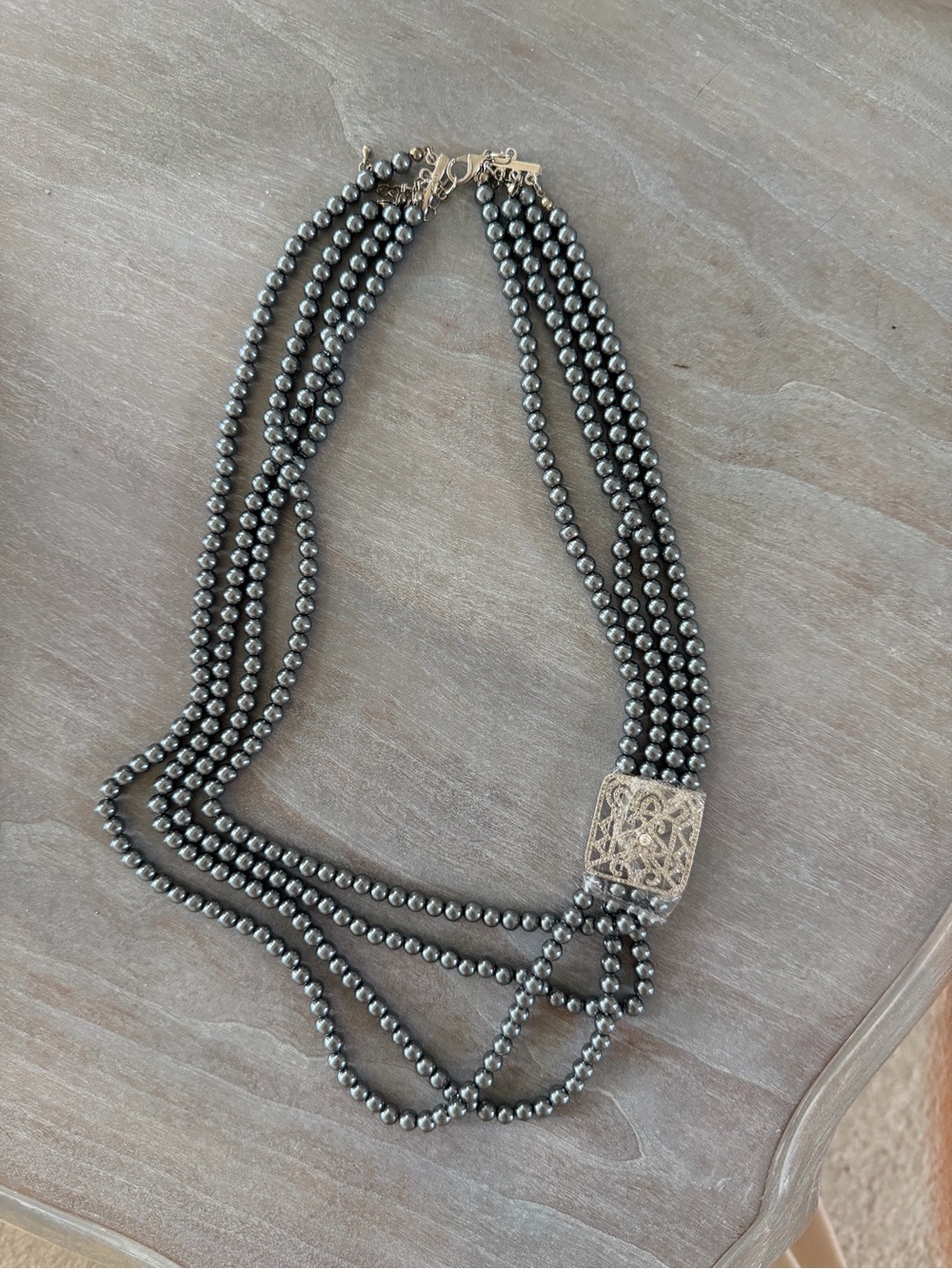 Elegant Multi-Strand Hematite Grey Silver Bead Necklace with Filigree Accent